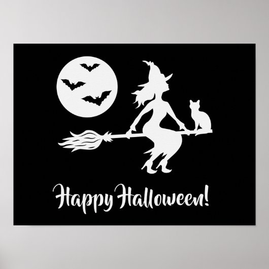 黒と白のハロウィン柄　箒に乗った魔女 ポスター (正面)