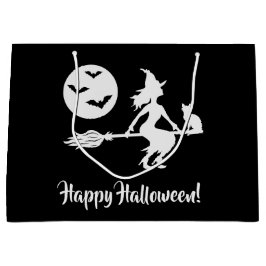 黒と白のハロウィン柄 箒に乗った魔女 ラージペーパーバッグ