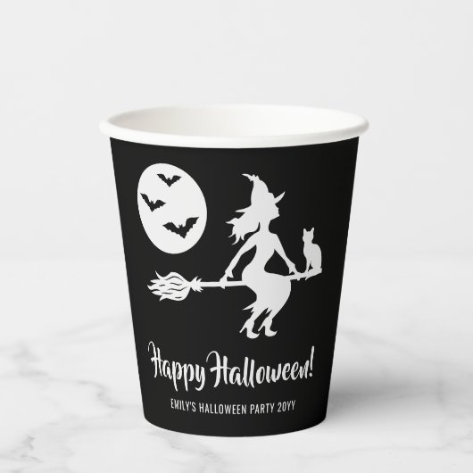 黒と白のハロウィン、魔法使いの箒 紙コップ (正面)