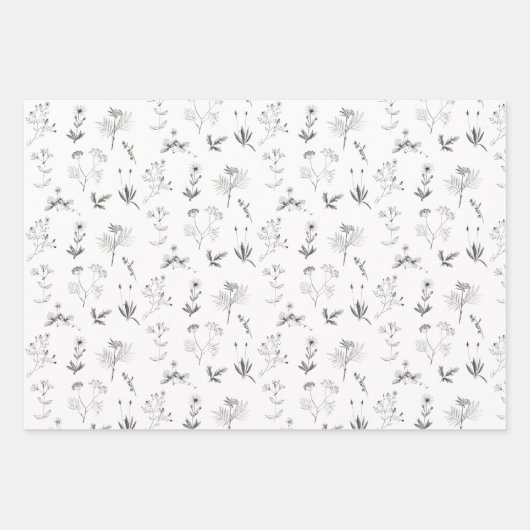 黒と白のハーブ植物花パターン ラッピングペーパーシート (正面)