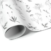 黒と白のハーブ植物花パターン ラッピングペーパー (ロールコーナー)