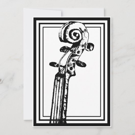 黒と白のバイオリン スクロール 黒い輪郭 招待状 (正面)