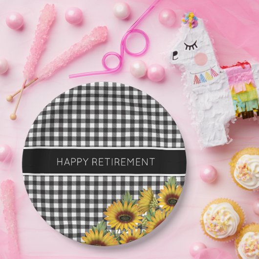 黒と白のバッファロープレイドひまわり ペーパープレート (パーティー)