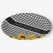 黒と白のバッファロープレイドひまわり ペーパープレート (アングル)