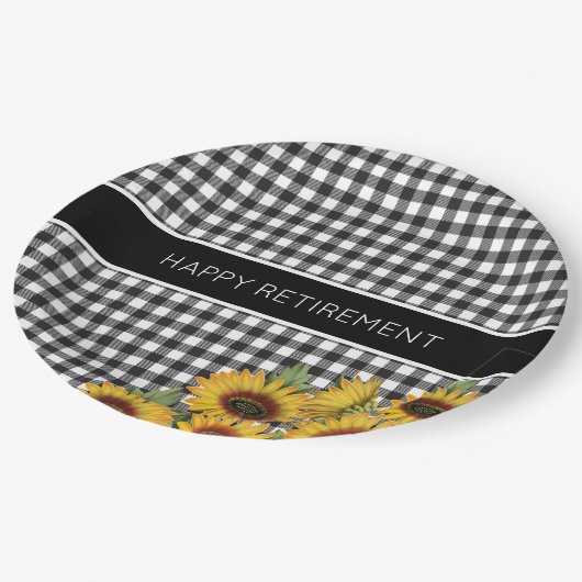 黒と白のバッファロープレイドひまわり ペーパープレート (アングル)
