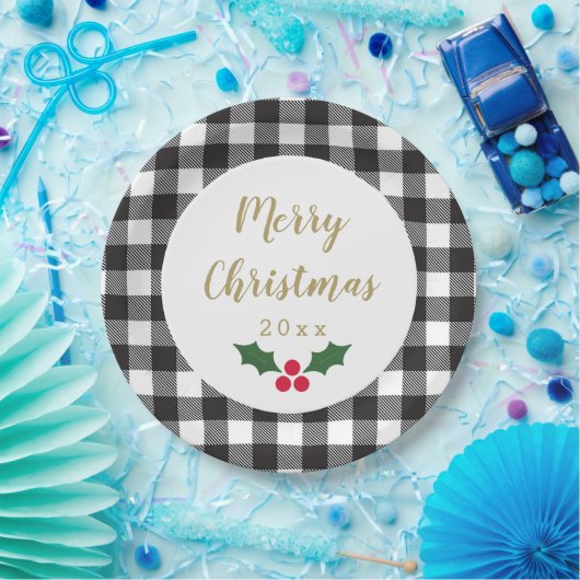 黒と白のバッファロープレイドホリークリスマス ペーパープレート (パーティー)