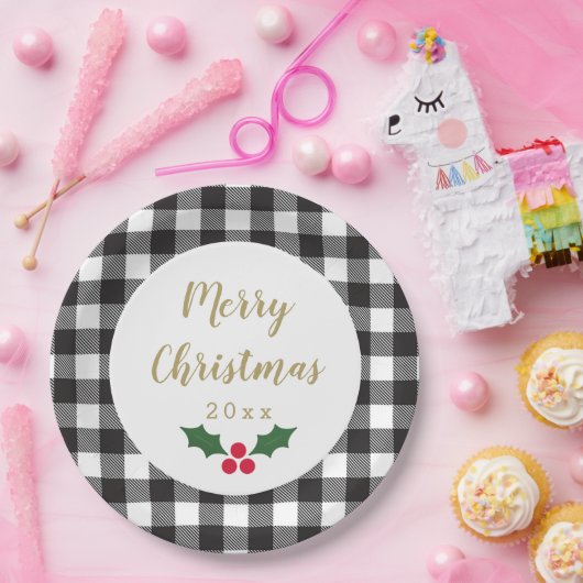 黒と白のバッファロープレイドホリークリスマス ペーパープレート (パーティー)