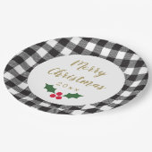 黒と白のバッファロープレイドホリークリスマス ペーパープレート (アングル)