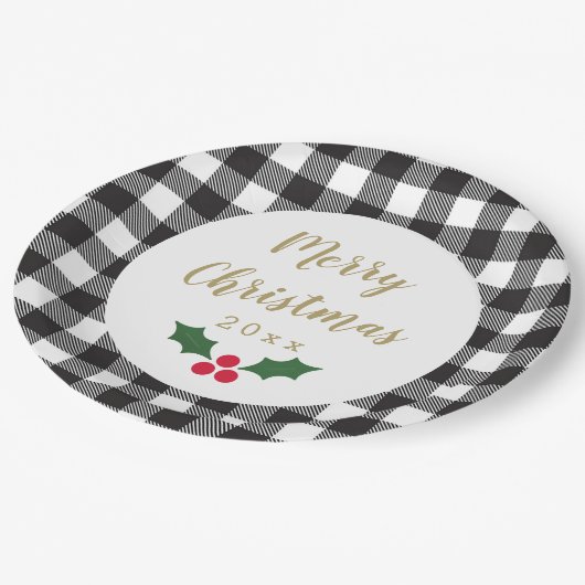 黒と白のバッファロープレイドホリークリスマス ペーパープレート (アングル)