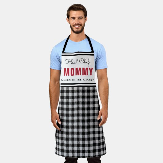 黒と白のバッファロープレイドマパーソナライズされたマ エプロン (着用した状態)