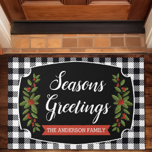 黒と白のバッファロープレイド柄のクリスマス ドアマット