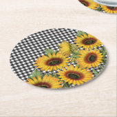 黒と白のバッファロープレイド黄色のひまわり ラウンドペーパーコースター (アングル)
