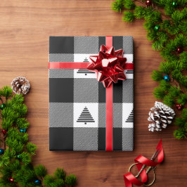 黒と白のバッファロー・プラッド＋クリスマスツリー ラッピングペーパー