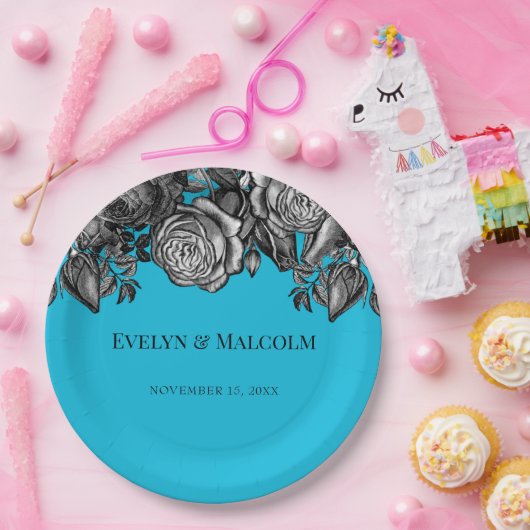 黒と白のバラ電気ブルー結婚ズ ペーパープレート (パーティー)