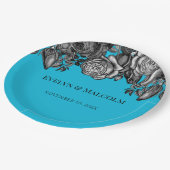 黒と白のバラ電気ブルー結婚ズ ペーパープレート (アングル)