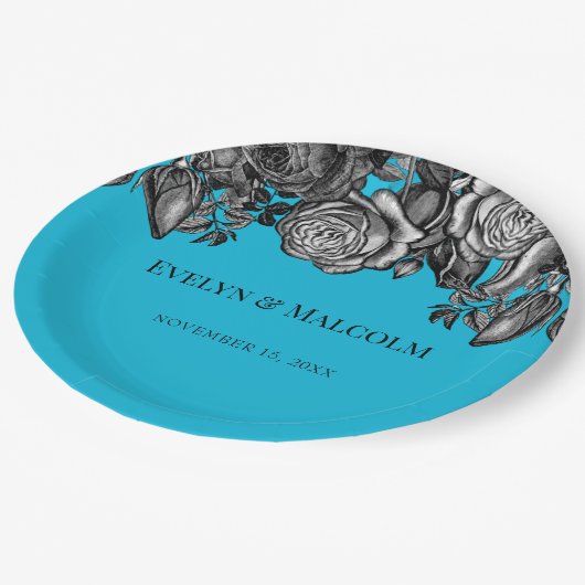 黒と白のバラ電気ブルー結婚ズ ペーパープレート (アングル)