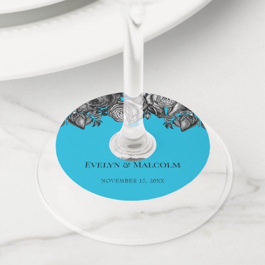 黒と白のバラ電気ブルー結婚ズ ワイングラスタグ (クローズアップ)