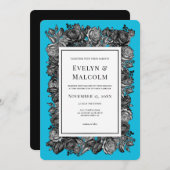 黒と白のバラ電気ブルー結婚ズ 招待状 (正面/裏面)