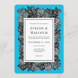 黒と白のバラ電気ブルー結婚ズ 招待状