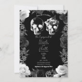 黒と白のバラ スケルトンスカル 結婚指輪交換パーティー 招待状 (正面)