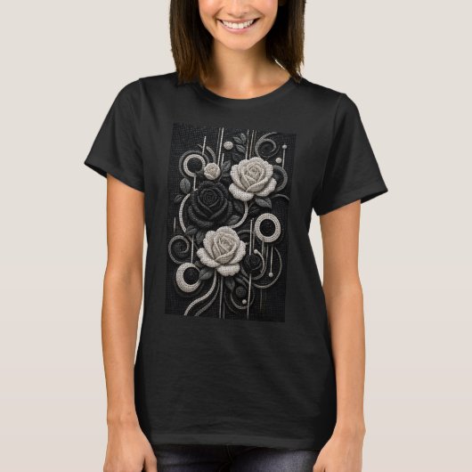 黒と白のバラ 3D マイクロモザイク Tシャツ (正面)
