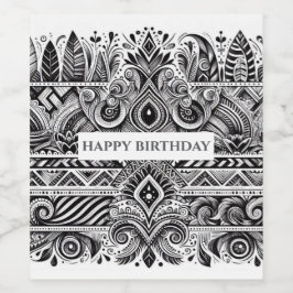 黒と白のパターンの誕生日ワインラベル ワインラベル