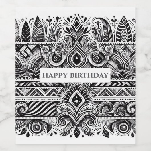黒と白のパターンの誕生日ワインラベル ワインラベル (シングルラベル)