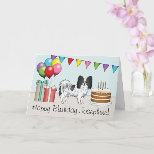 黒と白のパピヨンの犬のカラフルな誕生日 カード (蘭)