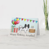 黒と白のパピヨンの犬のカラフルな誕生日 カード (正面)