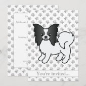 黒と白のパピヨンの犬の誕生日パーティー 招待状 (正面/裏面)