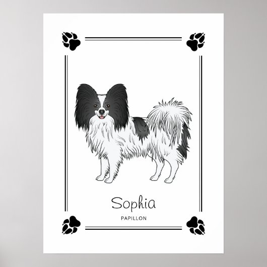 黒と白のパピヨン犬のイラスト＋肉球とテキスト ポスター (正面)