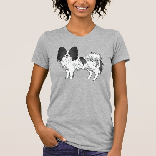 黒と白のパピヨン犬飼い主と犬好き Tシャツ (正面)