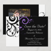 黒と白のパープルスワールアクセント セーブザデート (正面/裏面)