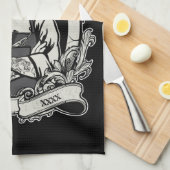 黒と白のヒップスターのバーバーショップパーソナライズ キッチンタオル (四つ折り)