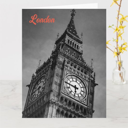 黒と白のビッグベンヨーロッパ旅行アート写真 カード (黄色い花)