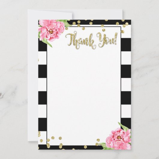 黒と白のピンクの牡丹 お礼カード 招待状 (正面)