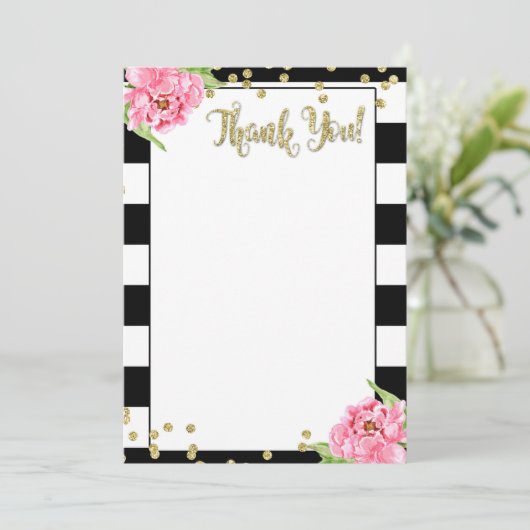 黒と白のピンクの牡丹 お礼カード 招待状 (スタンド正面)