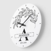 黒と白のファミリー ネーム モノグラム入り ラージ壁時計 (傾斜)