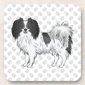 黒と白のファレーヌ犬のグレー肉球模様 コースター (正面)