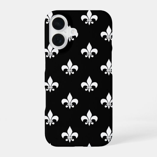 黒と白のフルール・ド・リス柄 iPhone 16ケース (裏面)
