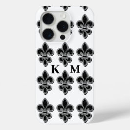 黒と白のフルール・ド・リス iPhone 15 PROケース