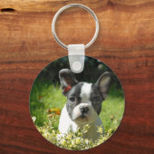 黒と白のフレンチブルドッグの仔犬 キーホルダー (正面)