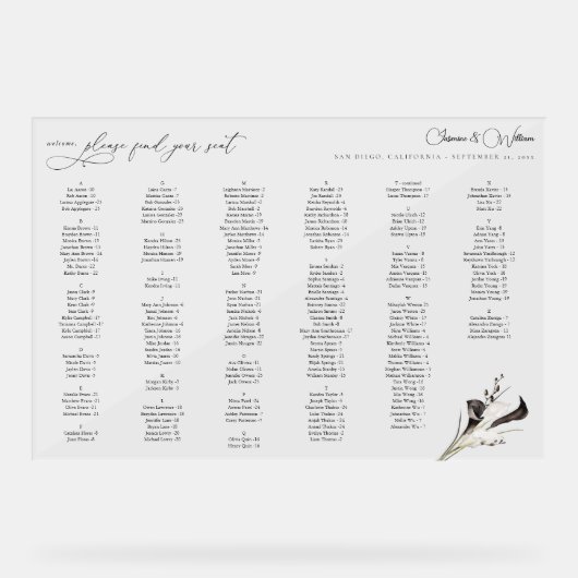 黒と白のフローラアルファベットのシーティングチャートLG アクリルサイン (正面)