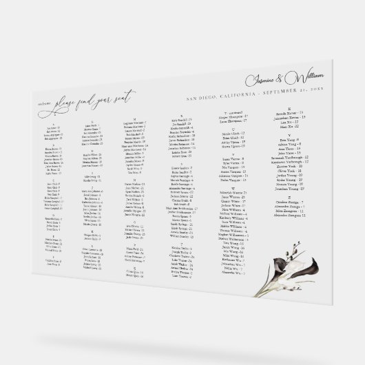 黒と白のフローラアルファベットのシーティングチャートLG アクリルサイン (傾斜)