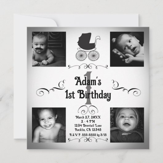 黒と白のベビーカーの写真 1歳の誕生日 招待状 (正面)