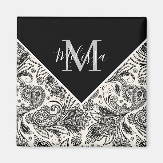 黒と白のペイズリー マグネット (正面)