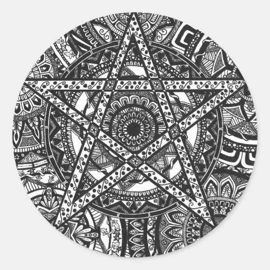 黒と白のペンタグラムのマンダラステッカー ラウンドシール (正面)
