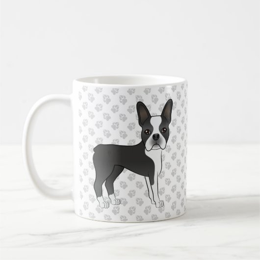 黒と白のボストンテリアのキャラクターデザイン 犬と肉球 コーヒーマグカップ (左)