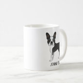黒と白のボストンテリアのキャラクターデザイン 犬 + 名前 コーヒーマグカップ (正面右)