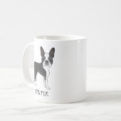 黒と白のボストンテリアのキャラクターデザイン 犬 + 名前 コーヒーマグカップ (正面左)